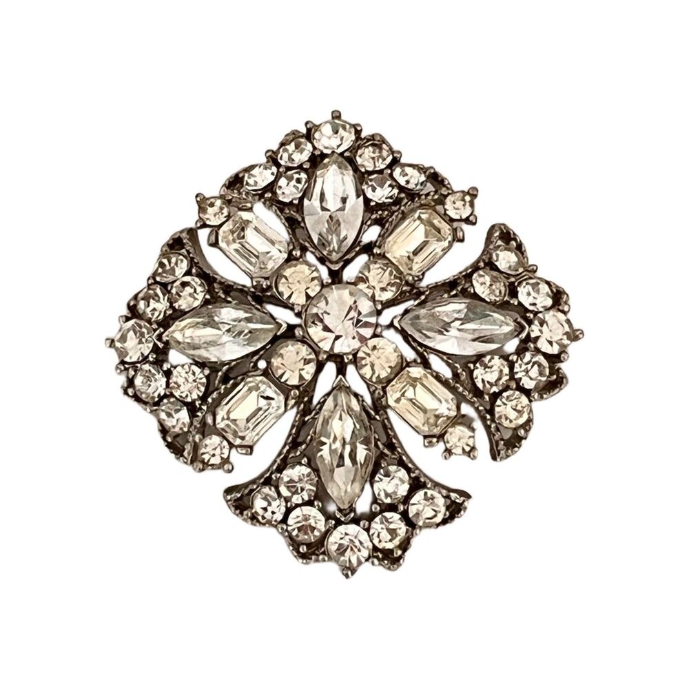 Vintage 1950s Rhinestone Brooch Silver Tone Statement Mid Century - 1J